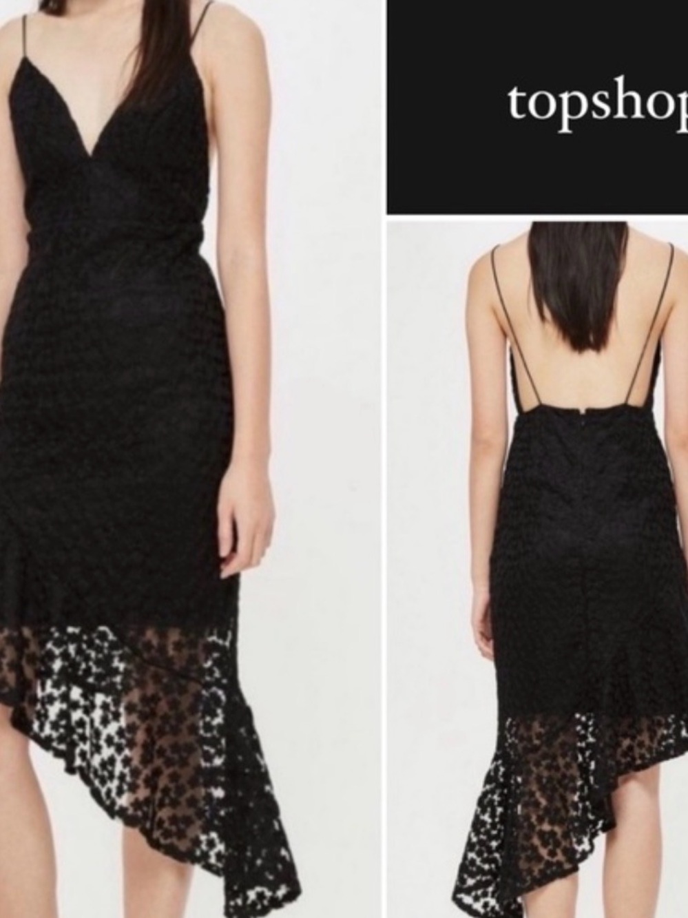 Topshop Black Lace Asymmetrical Slip Dress with Spaghetti Straps